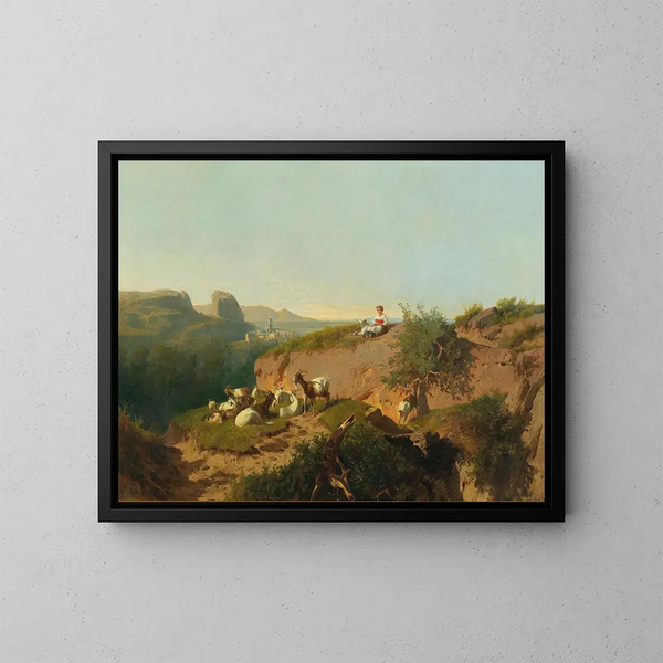 Landschap in het zuiden met geiten en een herder - András Mark — ingelijst kunstwerk aan de muur