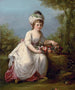 Portrait of a young girl standing in a white dress with a basket of flowers in a landscape - Angelica Kauffman — artwork view