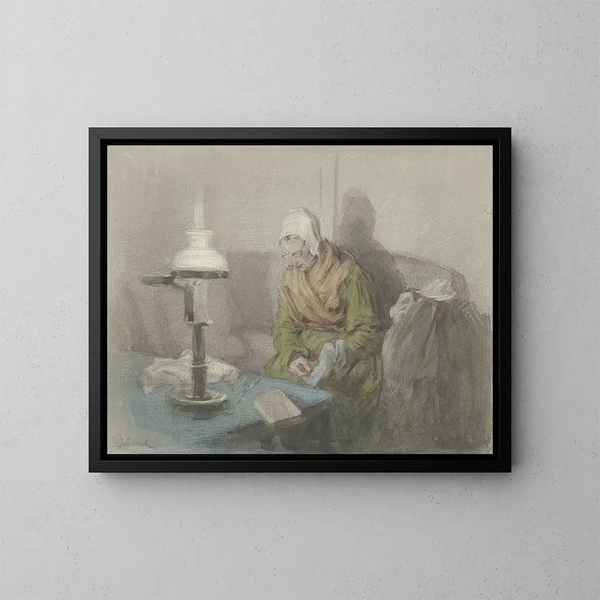 Oude vrouw bij het lamplicht - Angilbert Göbel — ingelijst kunstwerk aan de muur