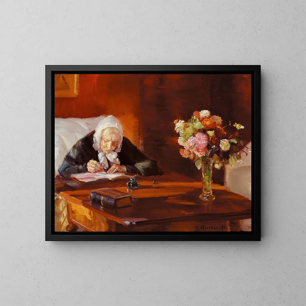 Ane Hedvig Brndum zittend aan haar bureau in de rode woonkamer - Anna Ancher — ingelijst kunstwerk aan de muur