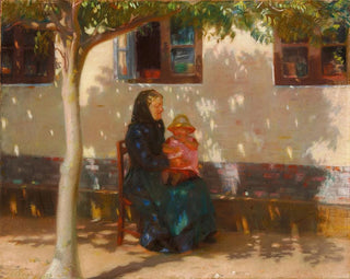 Anna Ancher - Skagenskone med den lille Helga Ancher p skdet i solskin foran et hvidkalket hus.webp