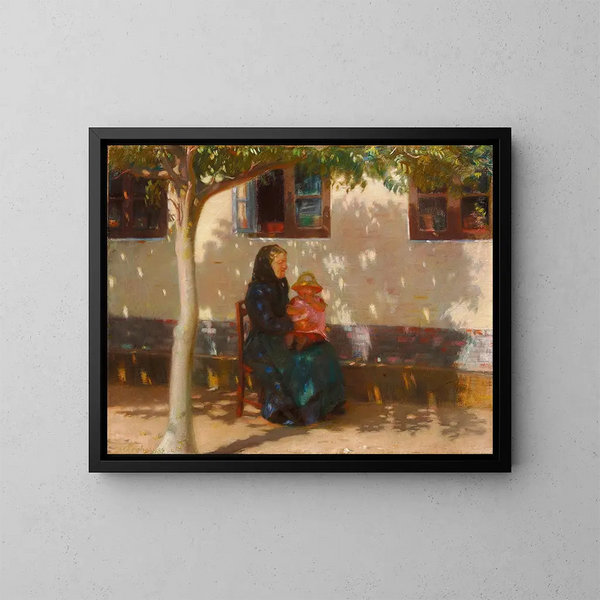 Vrouw van Skagen met kleine Helga Ancher voor een witgekalkt huis onder de zon - Anna Ancher — ingelijst kunstwerk aan de muur