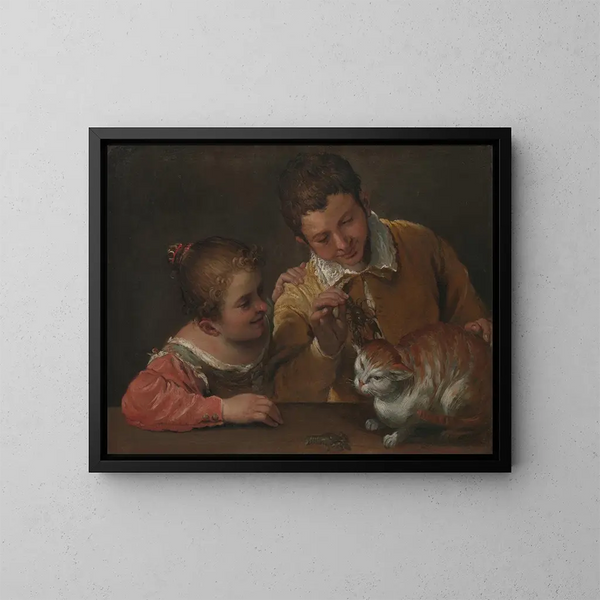 Twee kinderen die een kat plagen - Annibale Carracci — ingelijst kunstwerk aan de muur