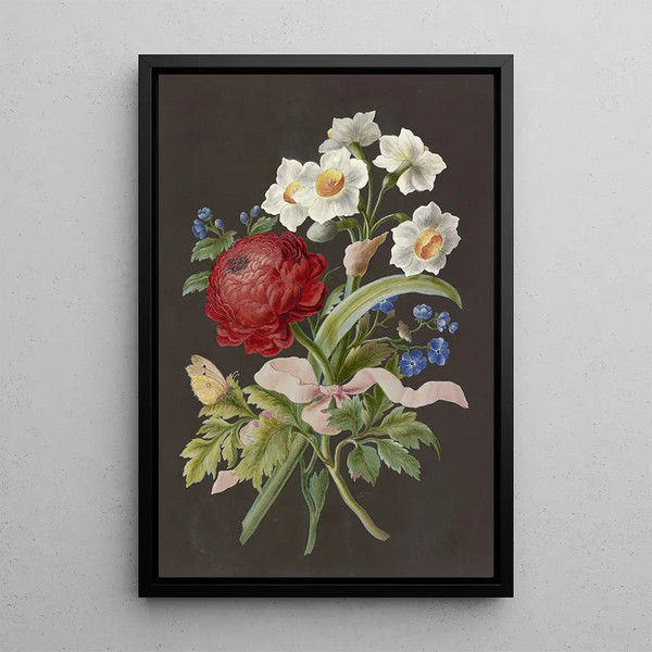 Reproductie van het schilderij Arrangement floral met rode ranonkelflower, witte narcis en blauwe bloem met speeksel - Anoniem