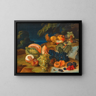 Antal Jozsef Strohmayer - Still life with melons grapes peach and cherries.webp