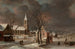 Winter landscape painting with skaters and a distant church - Anthonie Beerstraaten — artwork view