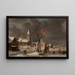 Winter landscape painting with skaters and a distant church - Anthonie Beerstraaten — framed artwork on a wall