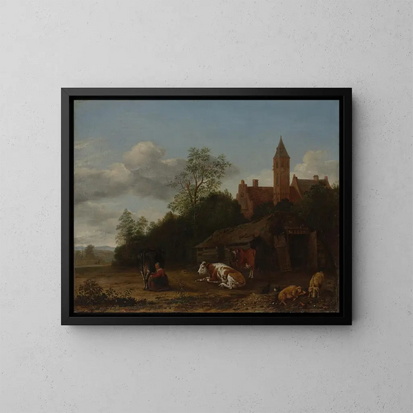 Boerderij scène - Anthonie van Borssom — ingelijst kunstwerk aan de muur