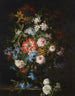 Rozen, lys, tulpen, narcis, gloires du matin en andere bloemen in een vaas op een stenen rand - Antoine Monnoyer — weergave van het kunstwerk