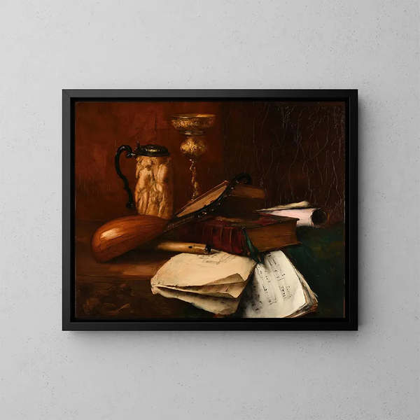 van een glazen kelk met liturgische boeken en muzieknotities - Antoine Vollon — ingelijst kunstwerk aan de muur