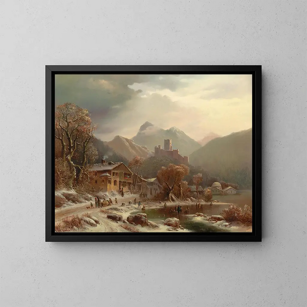 Een winterse idyllische scène met uitzicht op de ruïnes van Kropfsberg in Tirol - Anton Doll — ingelijst kunstwerk aan de muur