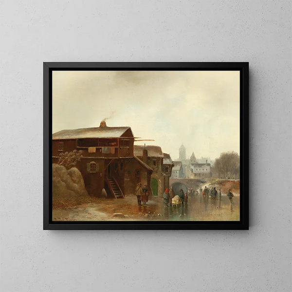Wintervermaak met een stad op de achtergrond - Anton Doll — ingelijst kunstwerk aan de muur