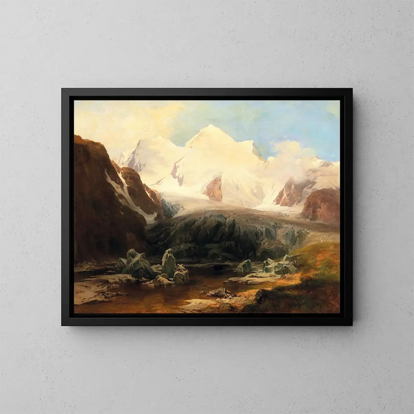 Uitzicht op een bergmeer met besneeuwde bergen op de achtergrond - Anton Hansch — ingelijst kunstwerk aan de muur