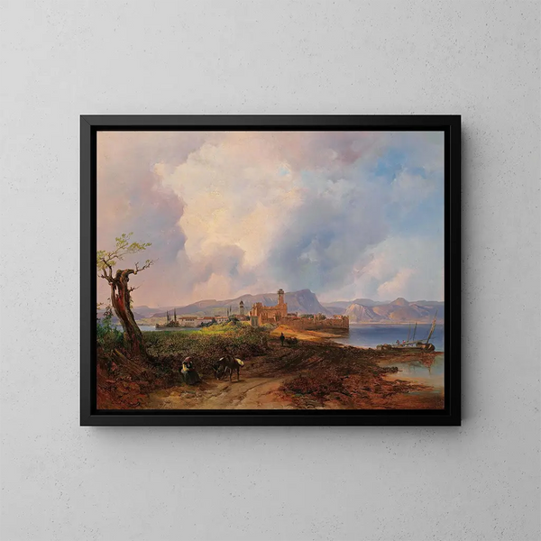 Vue van het kasteel van Sermione op het eiland Sermione aan het Gardameer - Anton Hansch — ingelijst kunstwerk aan de muur