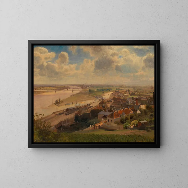 Uitzicht op de stad Wenen en de gereguleerde Donau vanaf Nussdorf - Anton Hlaváček — ingelijst kunstwerk aan de muur