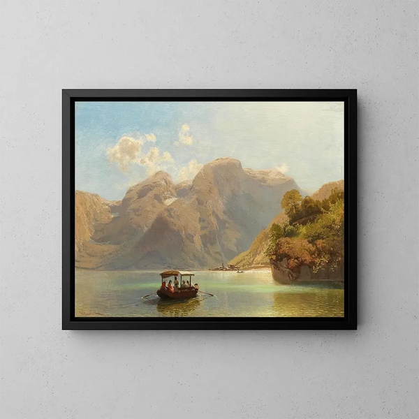 Excursie met de boot op het Hallstättersee meer met Hallstatt op de achtergrond - Anton Hlaváček — ingelijst kunstwerk aan de muur