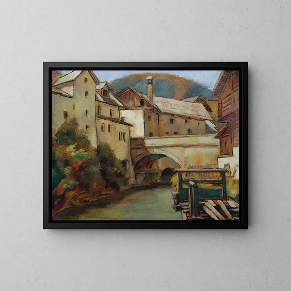 Uitzicht op een stad met rivier en brug - Anton Hula — ingelijst kunstwerk aan de muur