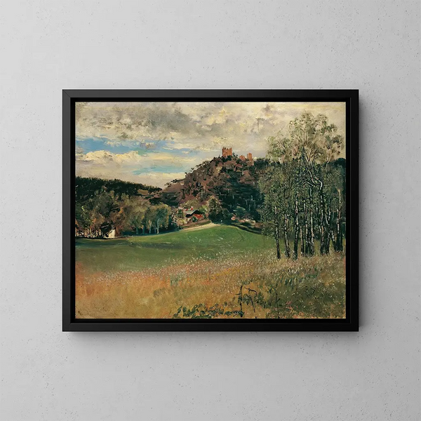 De weide van de melkfabriek in Vorderbrühl met de ruïne van Mödling - Anton Romako — ingelijst kunstwerk aan de muur
