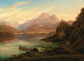 Anton Schiffer - Aussicht von Altausseersee gegen Karlseisfeld am Dachstein den hohen Seirrstein und Ruinen von Pfluigsberg und Baron Zedlitz Haus am Seeufer.webp