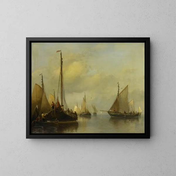 Vissersboten op een rustige wateroppervlakte - Antonie Waldorp — ingelijst kunstwerk aan de muur