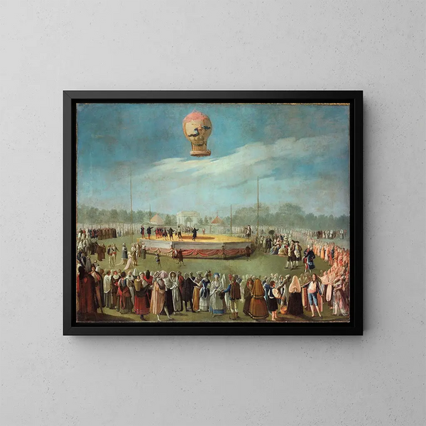 Hemelvaart van een ballon in aanwezigheid van koning Charles IV en zijn hof - Antonio Carnicero — ingelijst kunstwerk aan de muur