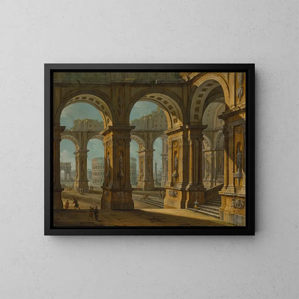 Een caprice van Rome met het Colosseum en de Titusboog - Antonio Joli — ingelijst kunstwerk aan de muur