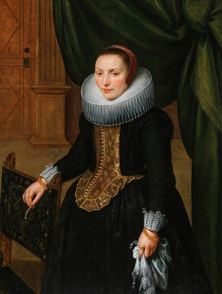 Antwerp School - Portrait of an elegant lady standing by a chair.webp