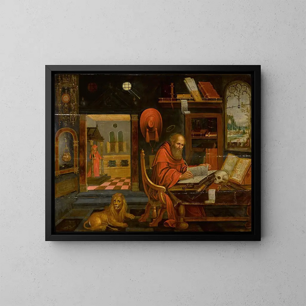 Sint-Jozef in zijn studeerkamer met de leeuw - School van Antwerpen — ingelijst kunstwerk aan de muur