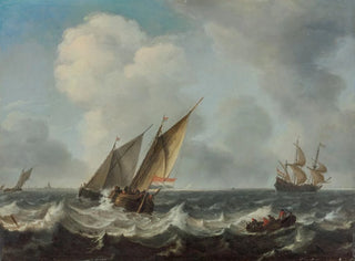 Arnoldus Van Anthonissen - Two smalschips and a rowing boat on choppy waters a manofwar and another sailing vessels beyond a town on the horizon.webp