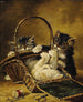 Drie kittens die spelen in een naai mandje - Arthur Alfred Brunel de Neuville — weergave van het kunstwerk