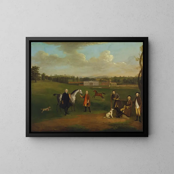 Vlucht naar Okeover: de dominee John Allen en kapitein Chester in Okeover Hall, Staffordshire - Arthur Devis — ingelijst kunstwerk aan de muur