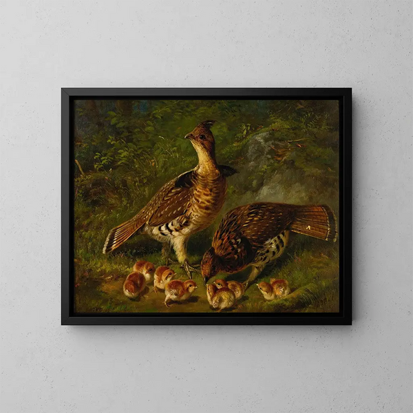 Grootbek met roodbruine veren en jonge vogels - Arthur Fitzwilliam Tait — ingelijst kunstwerk aan de muur
