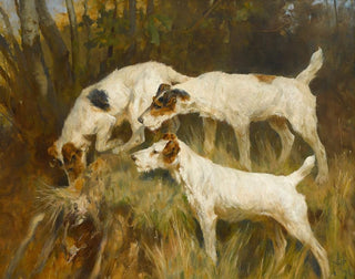 Arthur Wardle - Three Wire Fox Terriers working a hole.webp