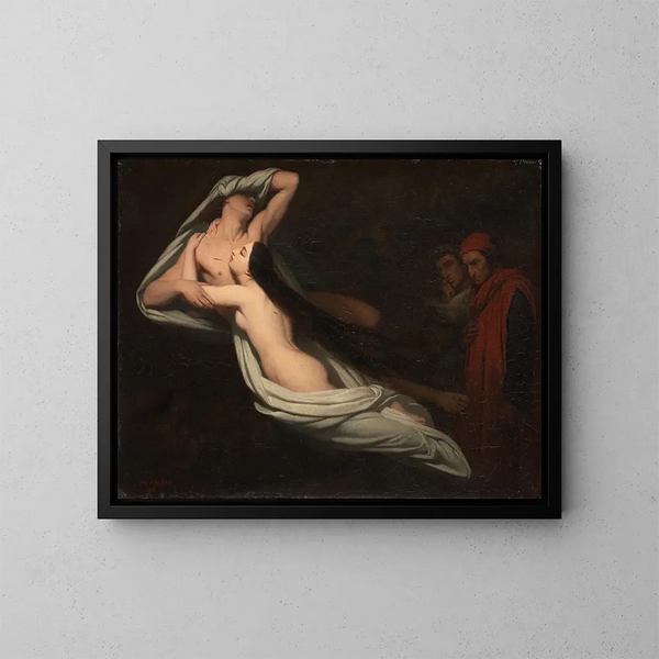 Dante en Virgilius ontmoeten de schimmen van Francesca da Rimini en Paolo - Ary Scheffer — ingelijst kunstwerk aan de muur