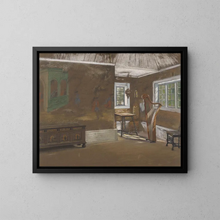 Binnen schilderij met harp - Asta Nørregaard — ingelijst kunstwerk aan de muur