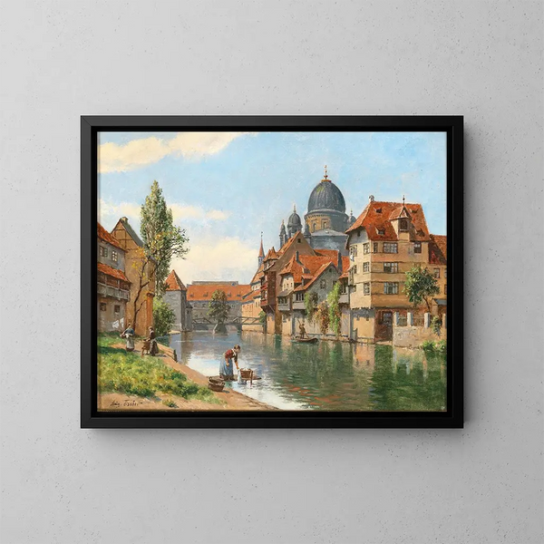 Oude Neurenberg, uitzicht op de synagoge vanaf de rivier de Pegnitz - August Fischer — ingelijst kunstwerk aan de muur