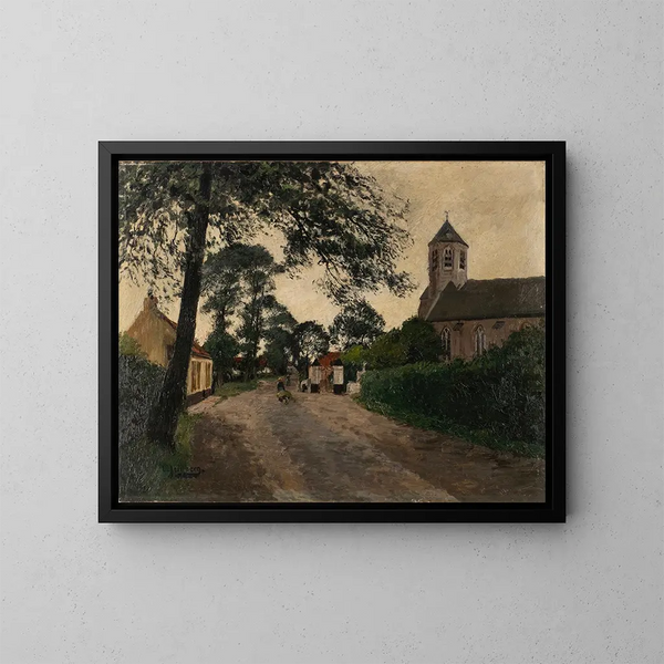 Straatje met kerk - August Jernberg — ingelijst kunstwerk aan de muur