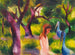 Meisjes met blauwe vogels - August Macke — weergave van het kunstwerk
