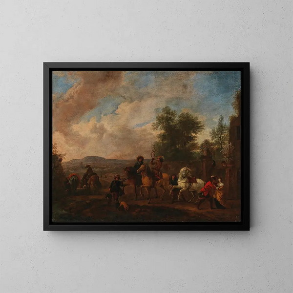 De vertrek voor de jacht - August Querfurt — ingelijst kunstwerk aan de muur