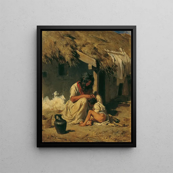 Idylle van een Hongaarse dorp - August von Pettenkofen — ingelijst kunstwerk aan de muur