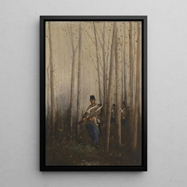 Reproductie van het schilderij Bos met soldaten - August von Pettenkofen