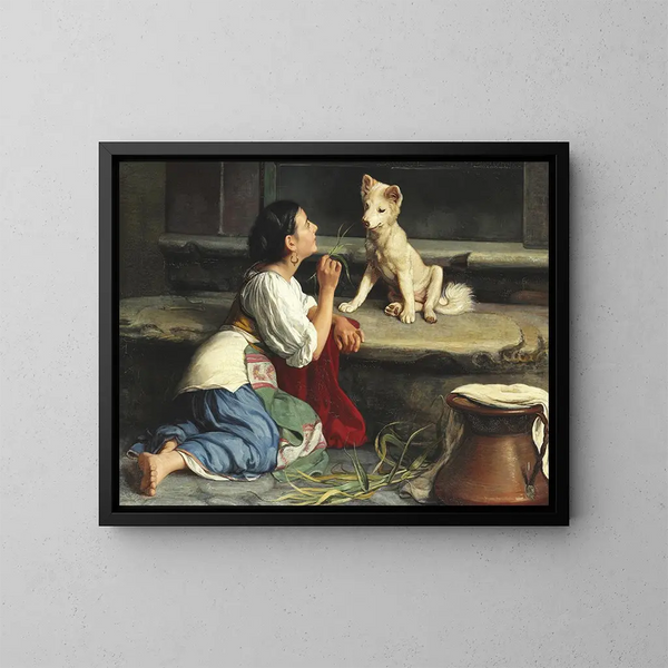 Een Italiaanse die speelt met een hond - Axel Helsted — ingelijst kunstwerk aan de muur