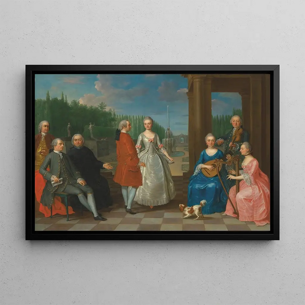 Balthasar Beschey - A portrait of JacquesJean Cremers 1736 after 1803 and his wife dancing on a garden terrace surrounded by other members of the family playing music.webp
