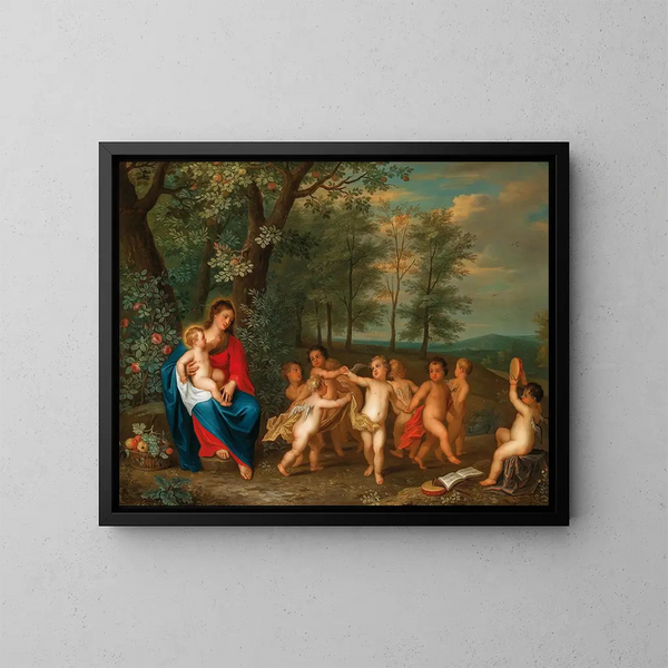 De Maagd en het Kind met dansende engelen - Balthasar Beschey — ingelijst kunstwerk aan de muur