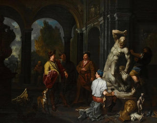 Balthasar Van Den Bossche - Elegant Figures Overseeing Sculptors Working On A Statue Of Hercules And Anateus In A Palace Courtyard.webp