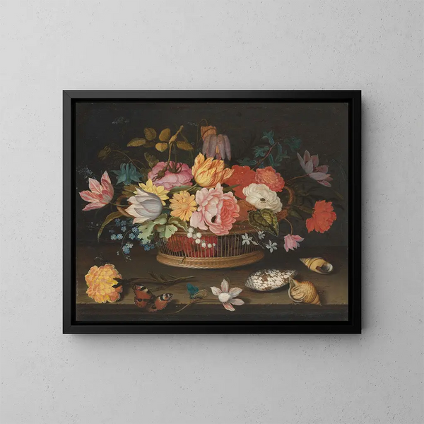 Bloemen in een mand op een tafel - Balthasar van der Ast — ingelijst kunstwerk aan de muur