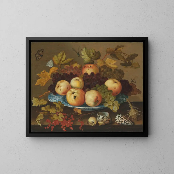 Vruchten op een porseleinen schaal Wanli op een tafel - Balthasar van der Ast — ingelijst kunstwerk aan de muur