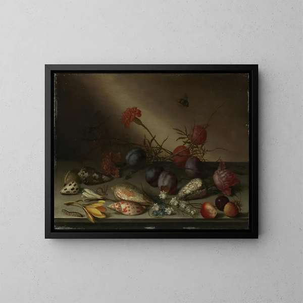 Natuurstudie met schelpen, fruit en bloemen - Balthasar van der Ast — ingelijst kunstwerk aan de muur