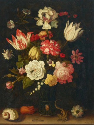 Balthasar van der Ast - Tulips carnations roses and other flowers in a roemer with shells and a lizard on a ledge.webp