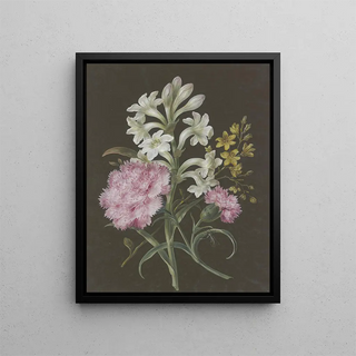 Barbara Regina Dietzsch - Gesteck aus Tuberose Polyanthes rosa Nelke Dianthus und gelber Blume mit Fliege.webp